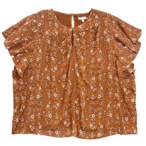 NWT Como Blu Floral Blouse Rust Boho Flutter Sleeve Metallic Thread Top - 3X